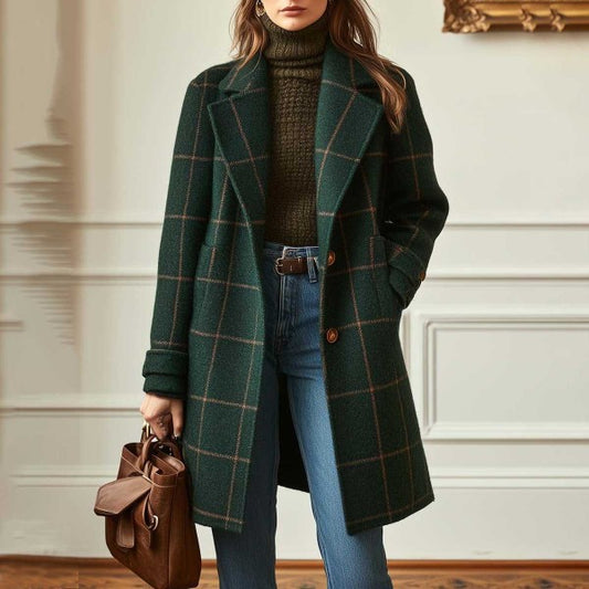 Women's Plaid Casual Temperament Mid-length Turn-down Collar Coats