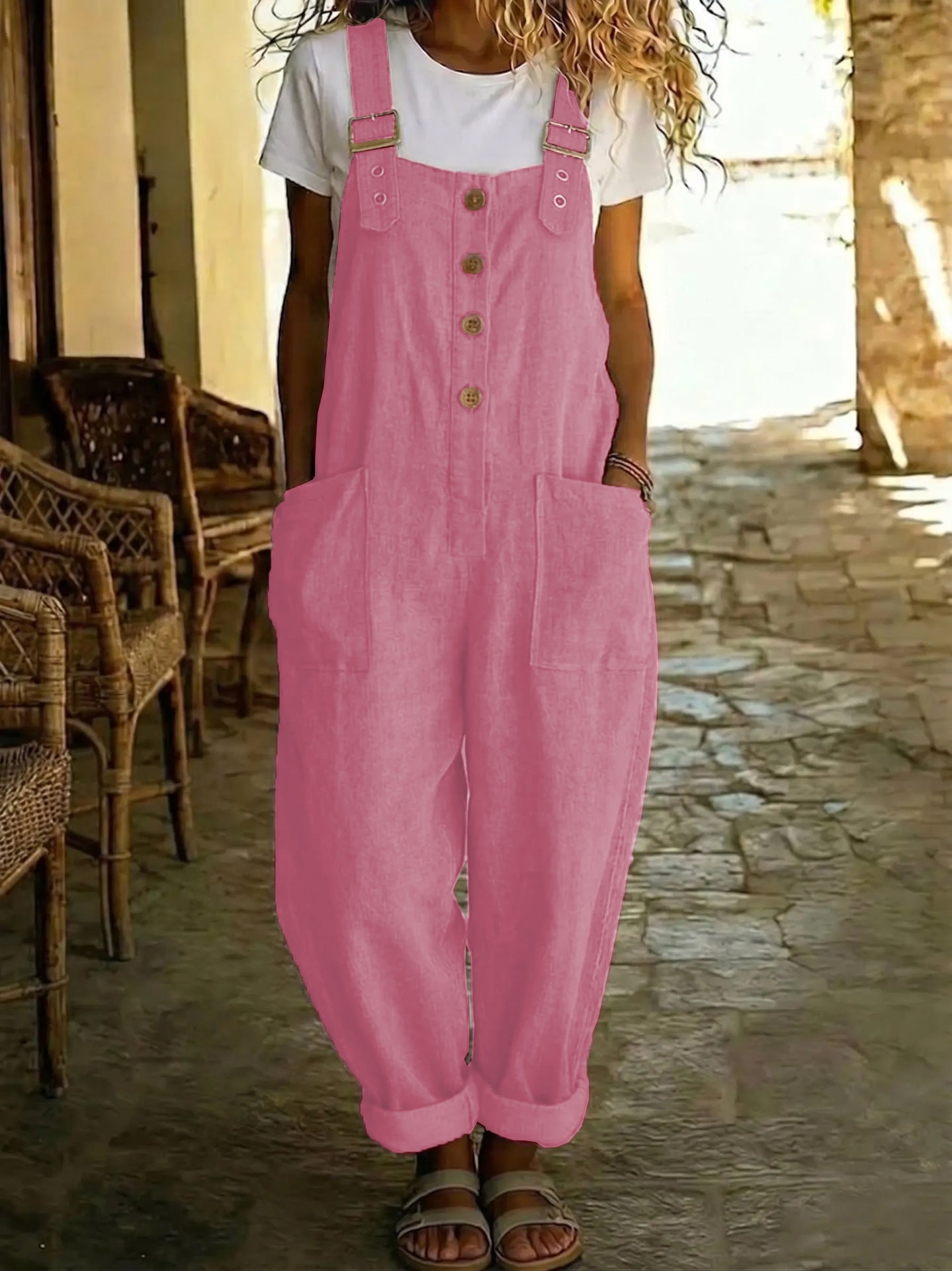 Women's Summer Linen Solid Color Retro Pocket Straight Women's Jumpsuit/clothing