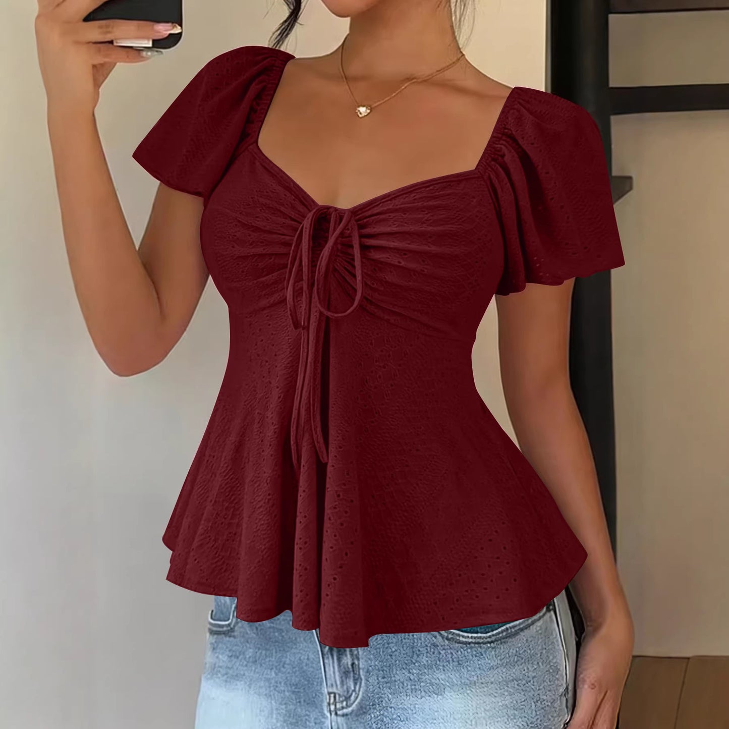 Women's Collar Beam Tie Sexy Sleeve Solid Shorts