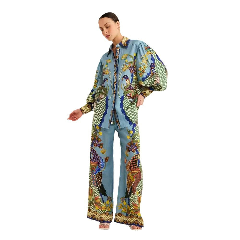 Women's Personalized Printed Puff Sleeve Vacation Lace Fashion Casual Suit