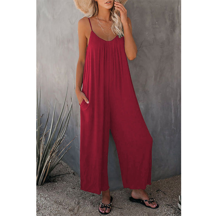Women's Sling Summer Solid Color Pocket Jumpsuits