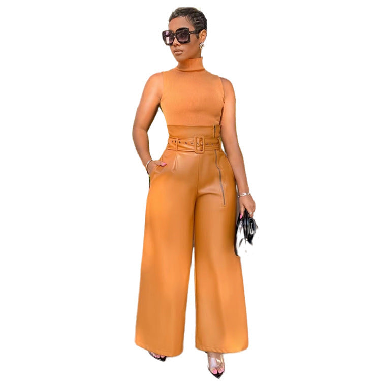 Women's Fashion High Waist Flared Leather Style Pants