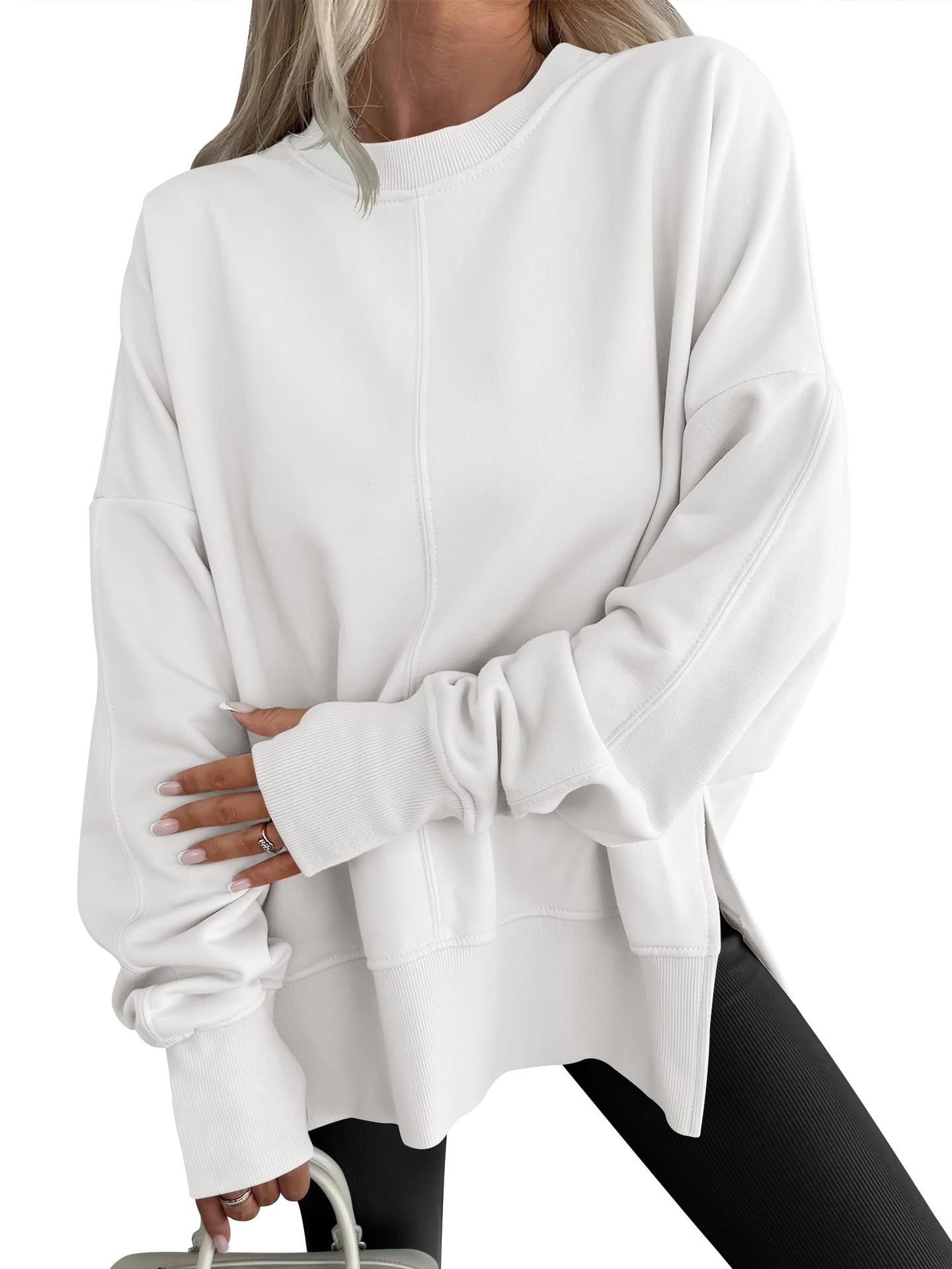Loose Side Slit Patchwork Round Neck Bat Sleeve Sweaters