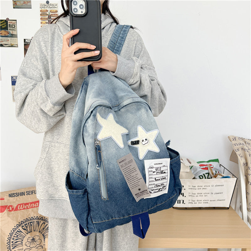 Gradient Denim Early High College Vintage Middle School Students' Schoolbags