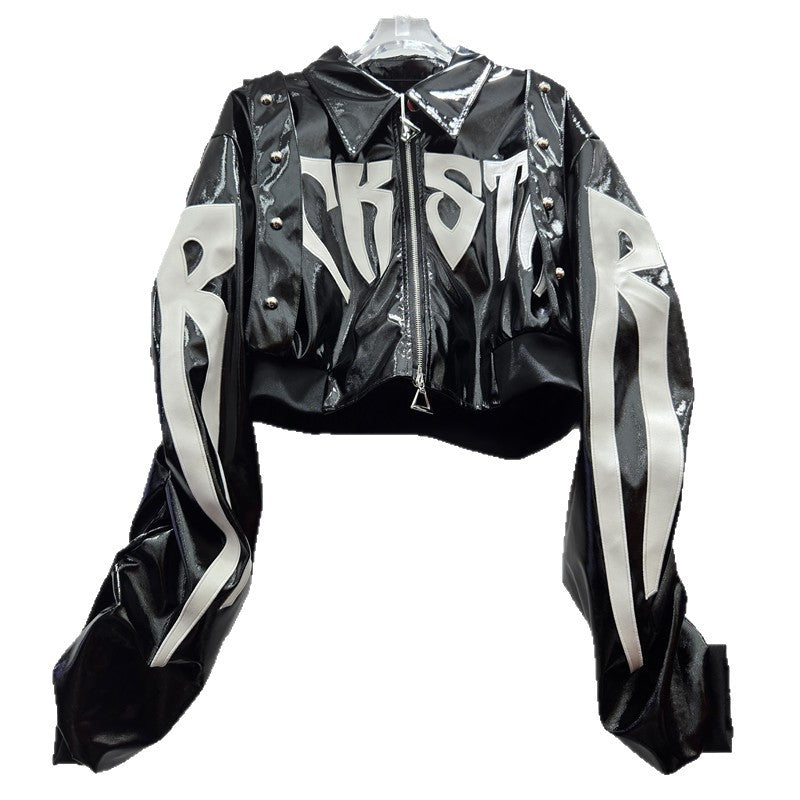 Women's Unique Patent Leather Letter Embroidery Hot Jackets