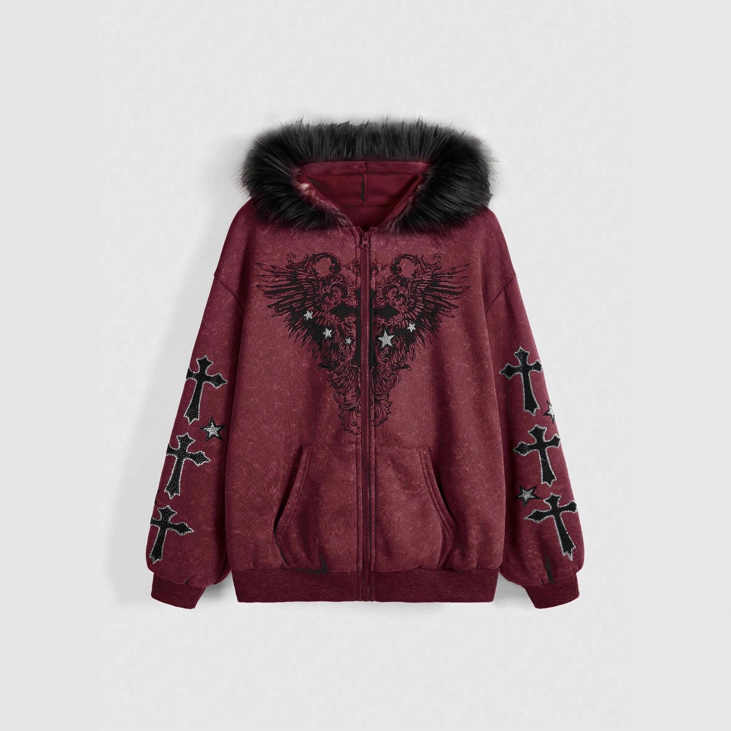 Gothic Cross Wings Printing Fur Collar Sweaters