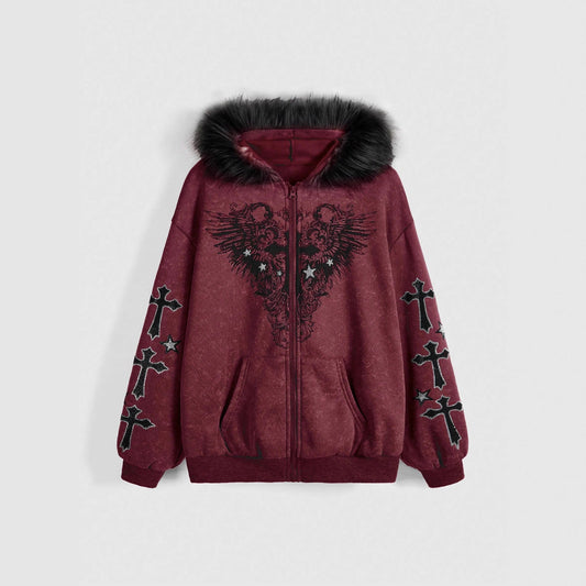 Gothic Cross Wings Printing Fur Collar Sweaters