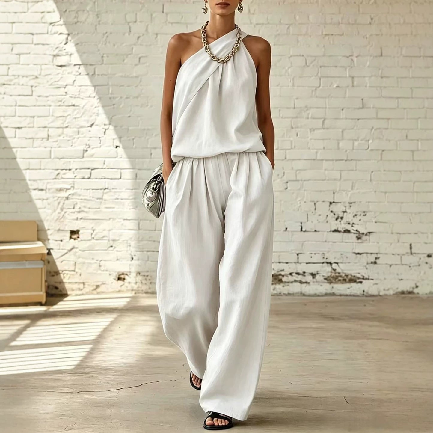 Linen Sleeveless Cold-shoulder Solid Color Wide Fashion Casual Suit
