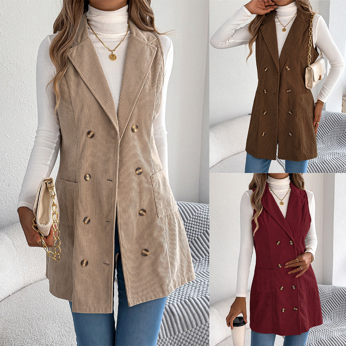 Women's Solid Color Double Breasted Pocket Corduroy Vests