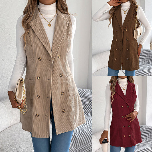 Women's Solid Color Double Breasted Pocket Corduroy Vests