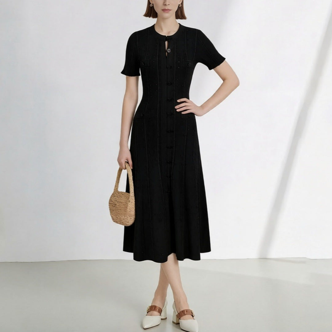 Women's High Quality French Style Temperament Sleeve Hollow Thread Single-breasted Dress