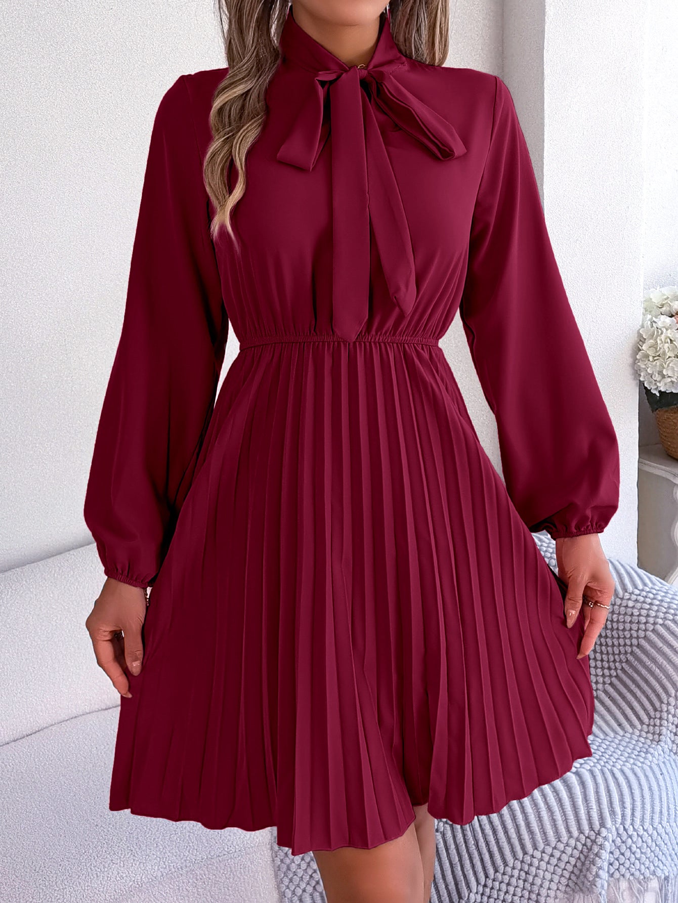 Women's Style Elegant Tied Long Sleeves Pleated Skirts