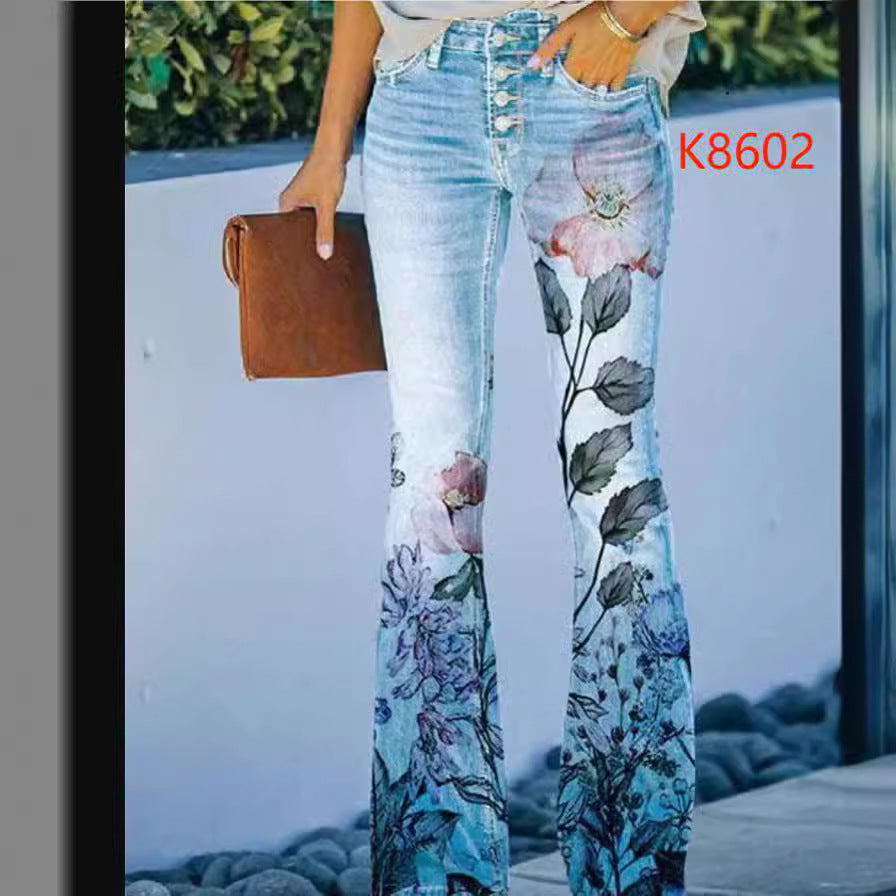 Elegant Slimming Digital Printing Imitation Denim Women's Jeans