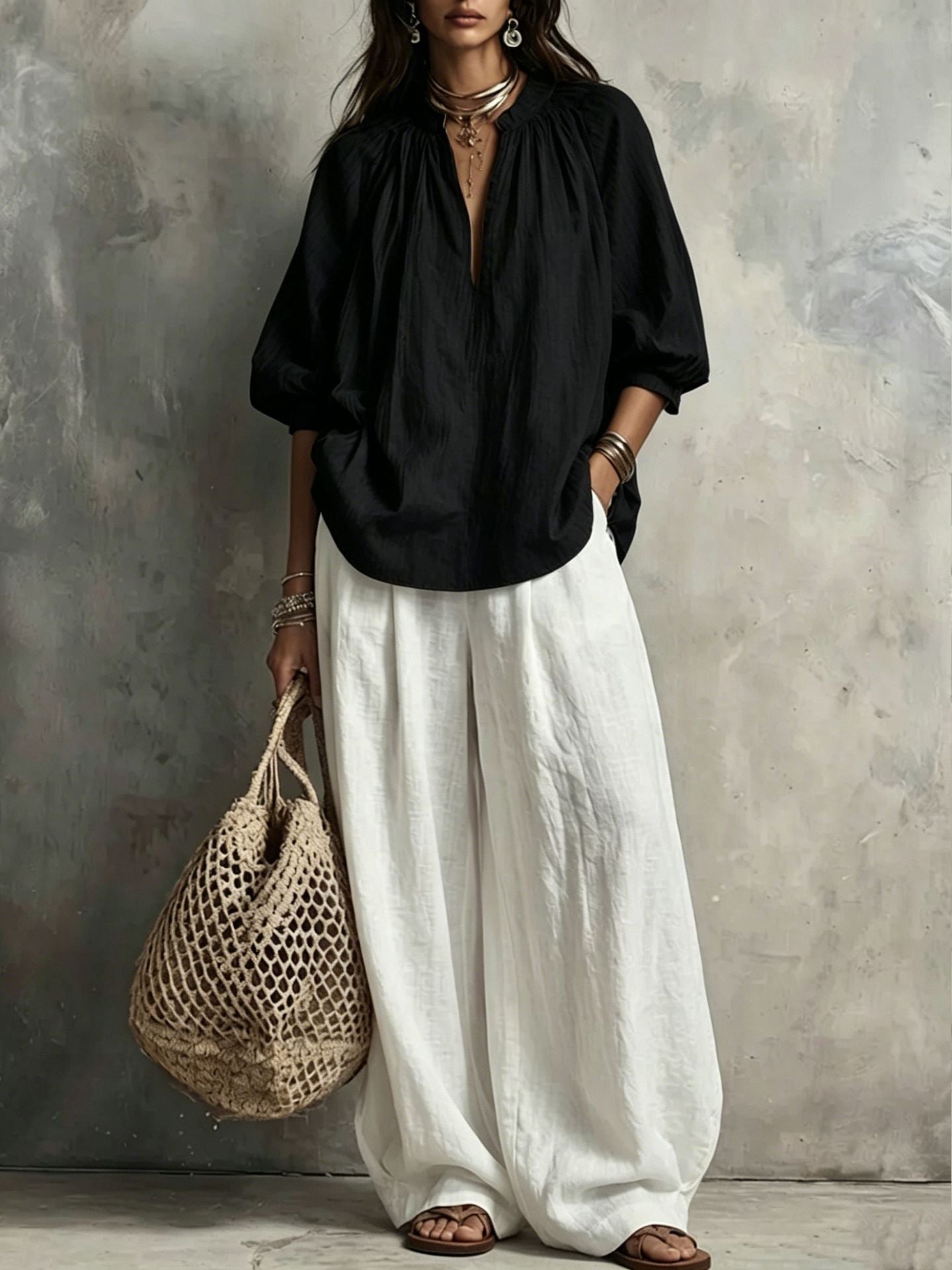 Summer Cotton Linen Puff Sleeve Shirt Wide Fashion Casual Suit