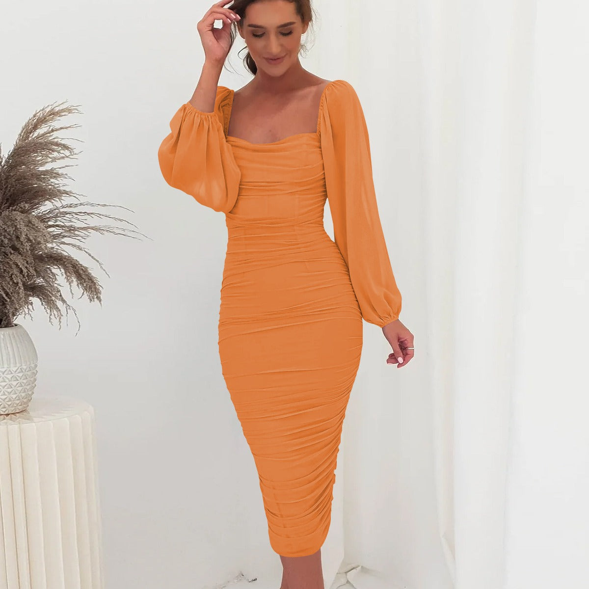 Stitching Ruffle Dress Square Collar Split Skirts