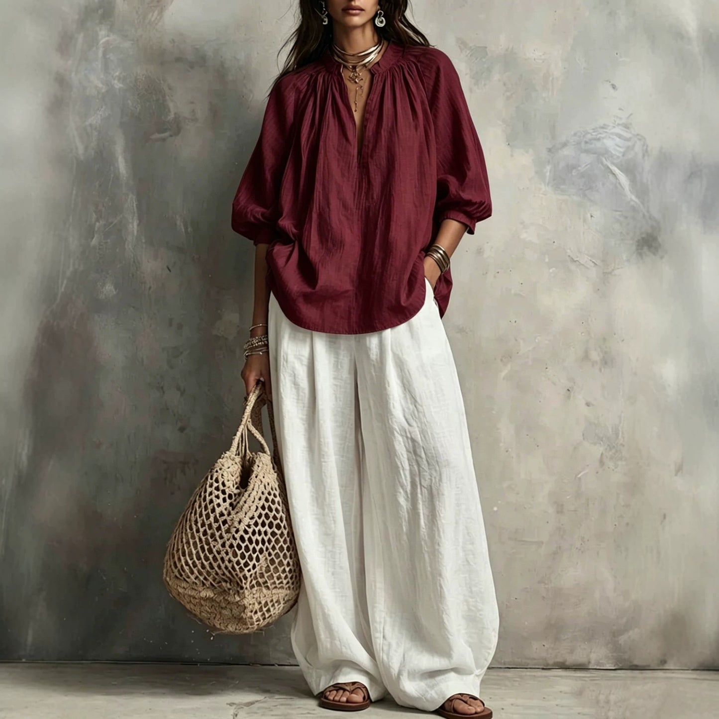Summer Cotton Linen Puff Sleeve Shirt Wide Fashion Casual Suit