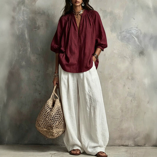 Summer Cotton Linen Puff Sleeve Shirt Wide Fashion Casual Suit