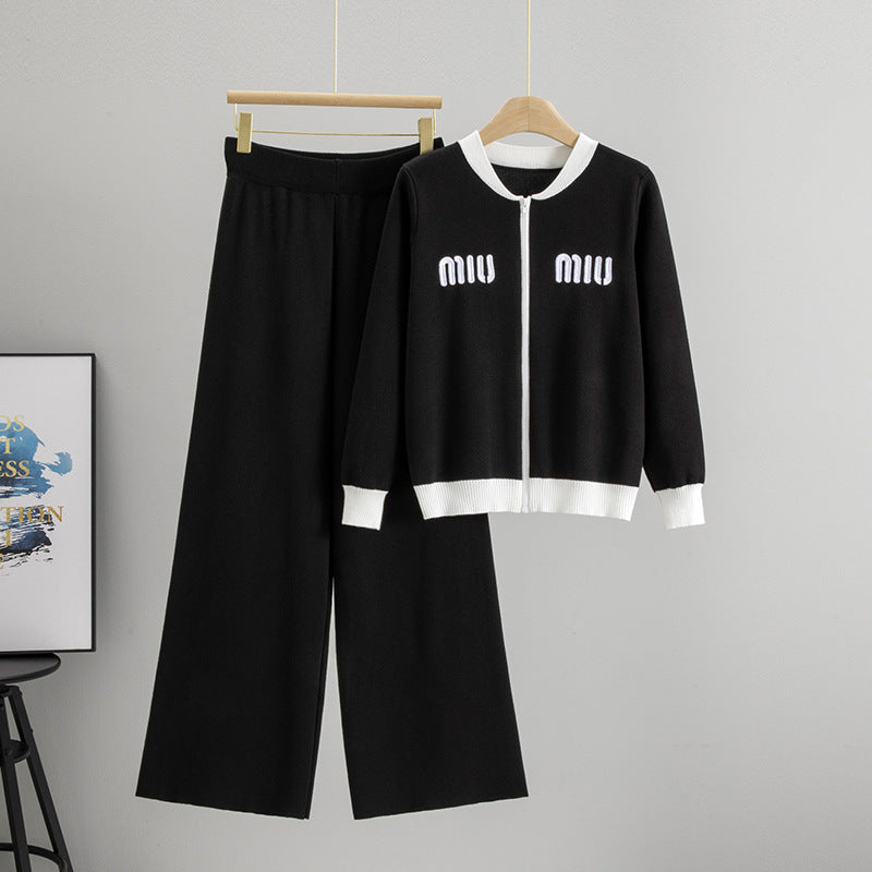 Women's Knitted Zipper Woolen Casual Trousers Two-piece Suits