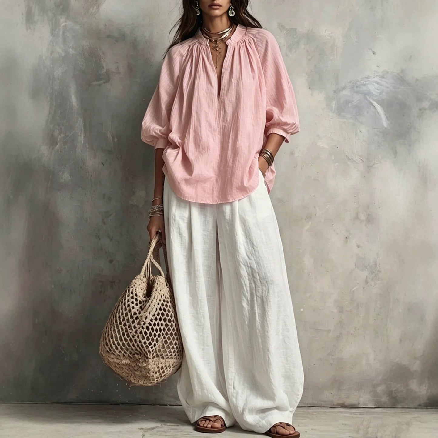 Summer Cotton Linen Puff Sleeve Shirt Wide Fashion Casual Suit