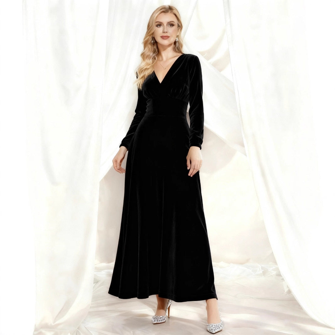 Women's Solid Color Long Sleeve Gold Veet Dress
