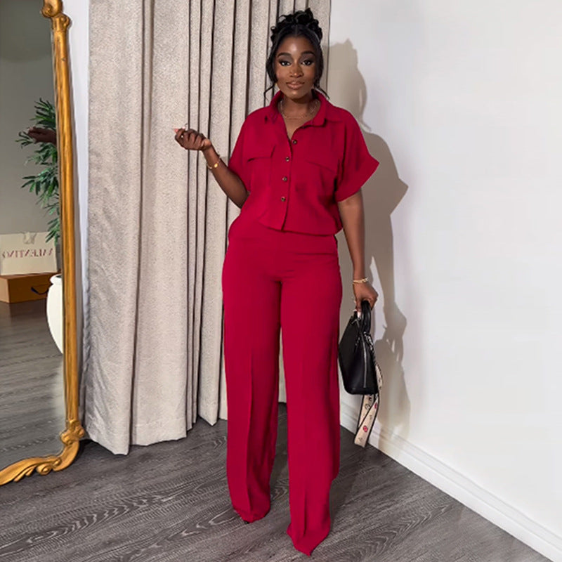 Women's Summer Lapel Sleeve Shirt High Waist Wide Suits
