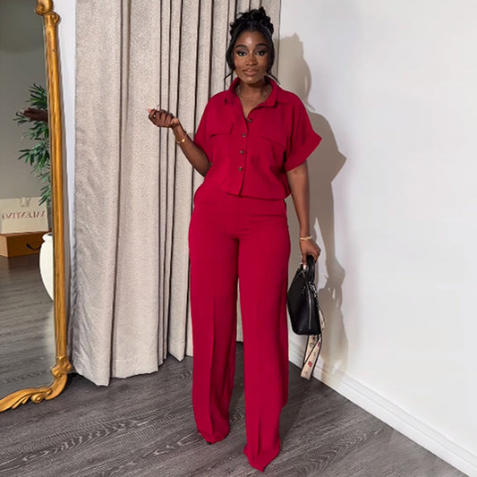 Women's Summer Lapel Sleeve Shirt High Waist Wide Suits