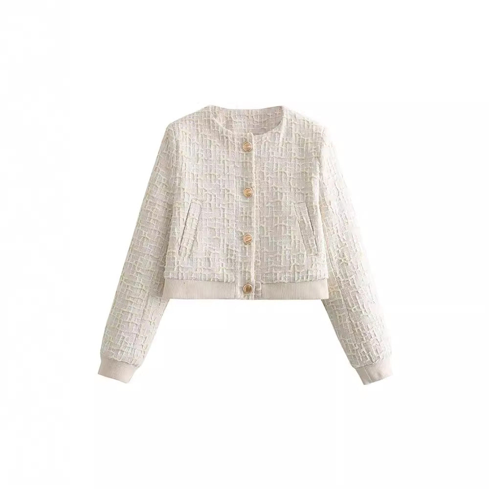 Women's Round Neck Button Texture Flight Jackets