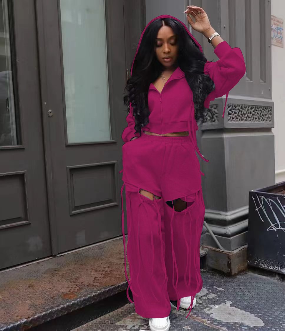 Women's Fashion Loose Hole Wide Leg Versatile Personality Hooded Suits
