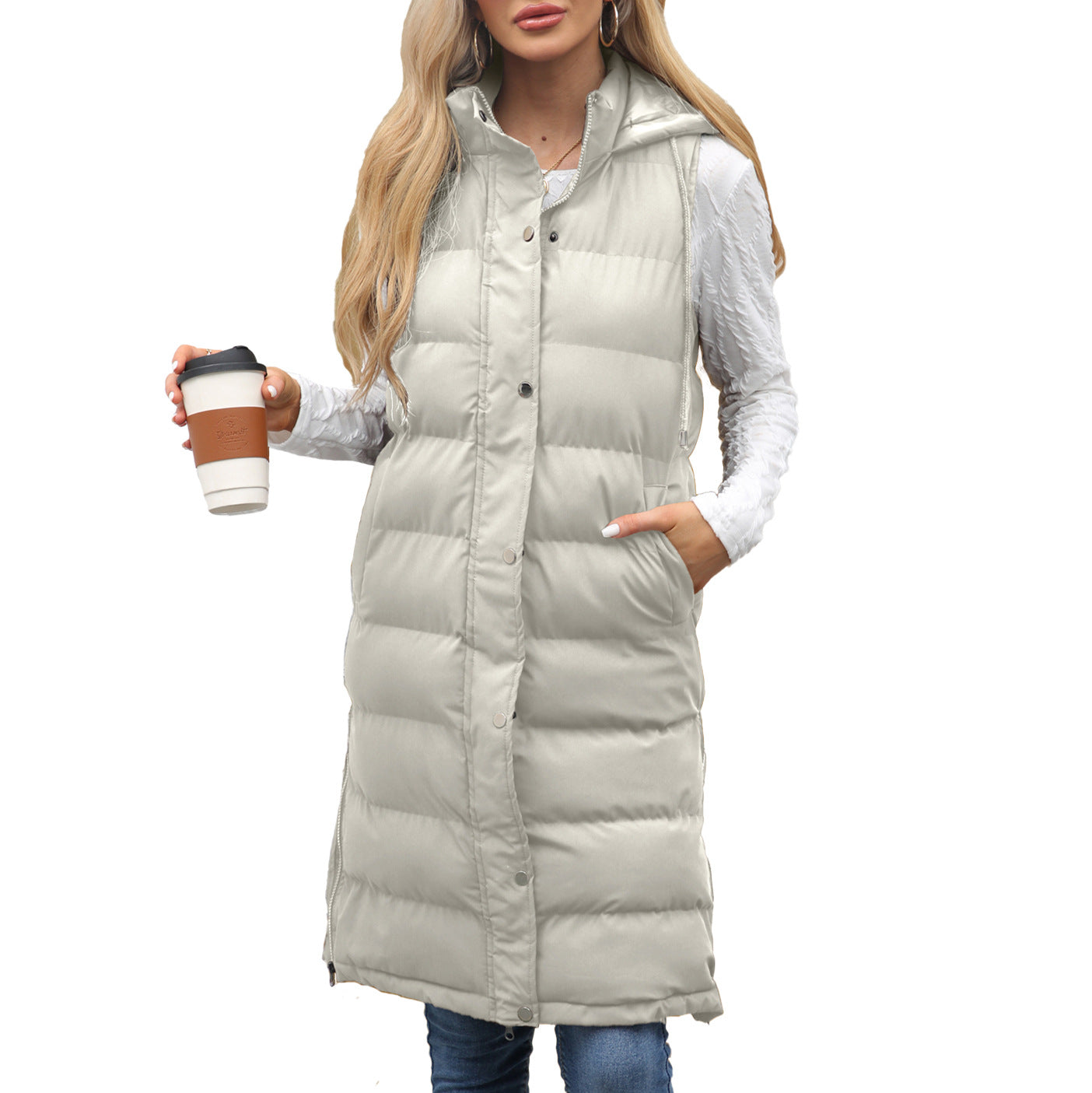 Women's Ladies Hooded Sleeveless Long Solid Color Vests