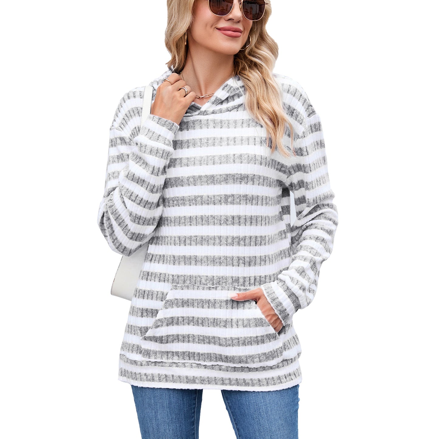 Women's Striped Hooded Pocket Loose Long Sleeve Women's Sweater, Sweater