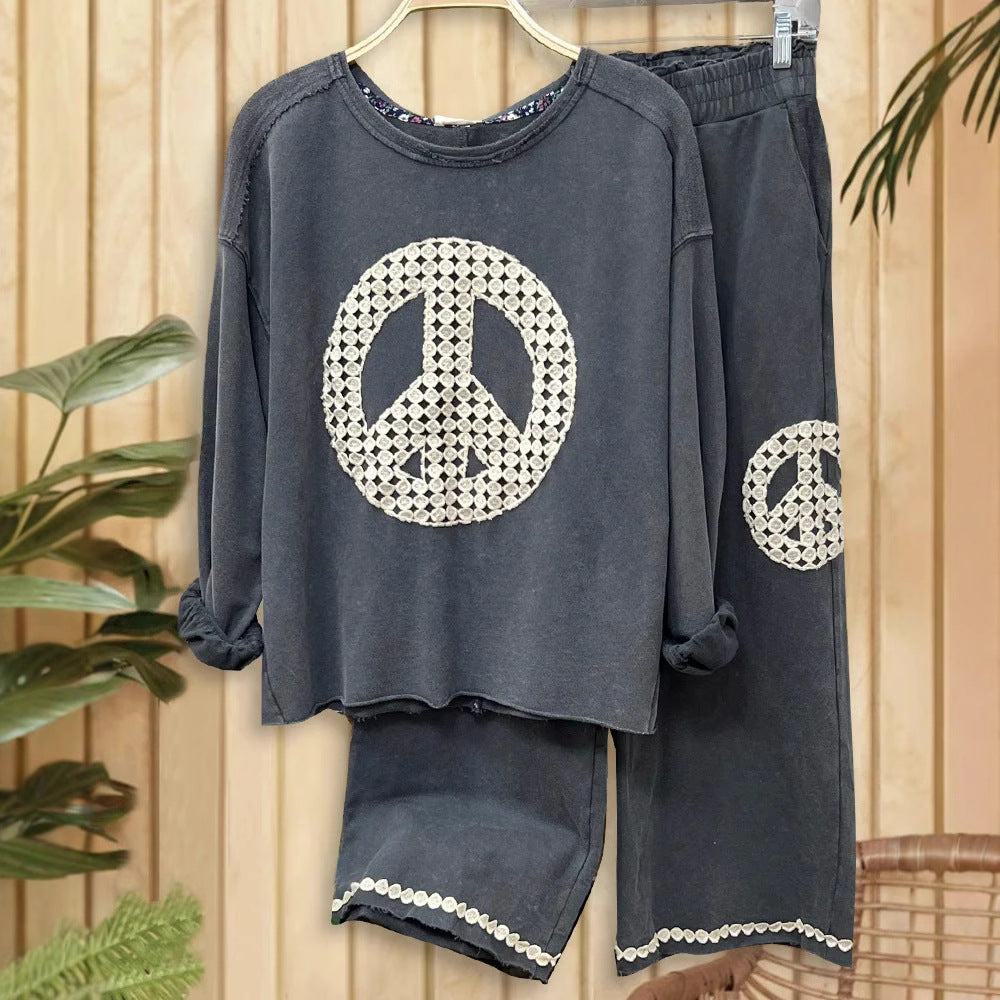 Women's Casual Round Neck Lace Affixed Cloth Suits