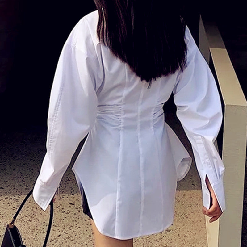 Women's Hot Double-sided Pleated Lapel Single Breasted Shirt Mid-length Blouses