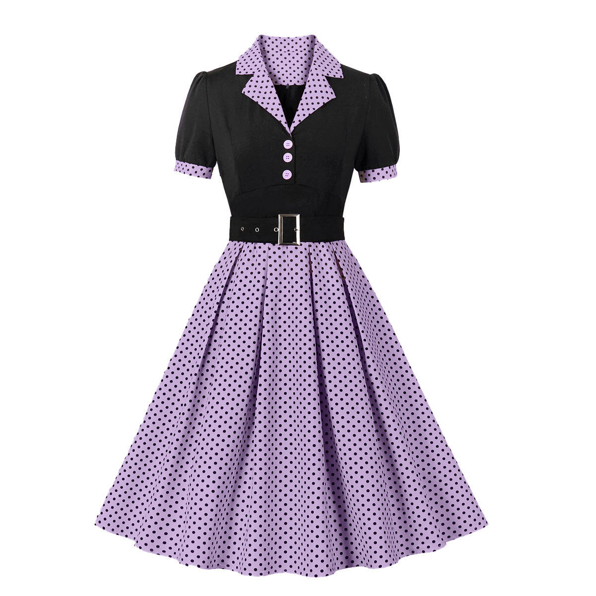 Women's Polka Dot Lapel Sleeve Belt Slim Dresses