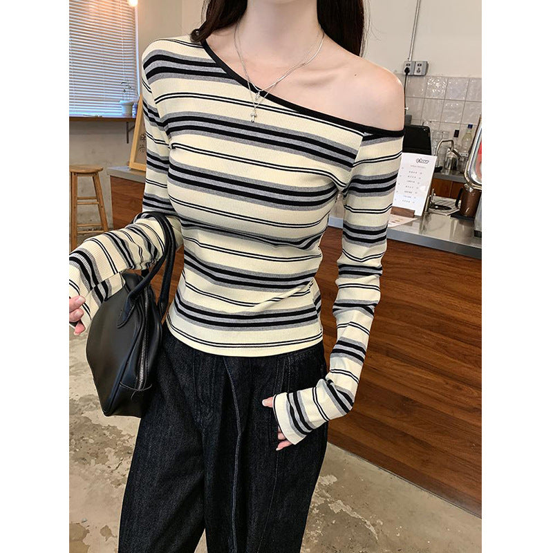 Women's Korean Style Beige Stripes Long Sleeve Shirt Sloping Exposed Shoulder Women's T-shirt