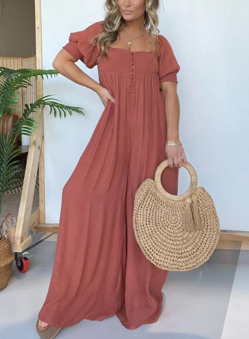 Pure Color Puff Sleeve Pleated Siamese Skirts