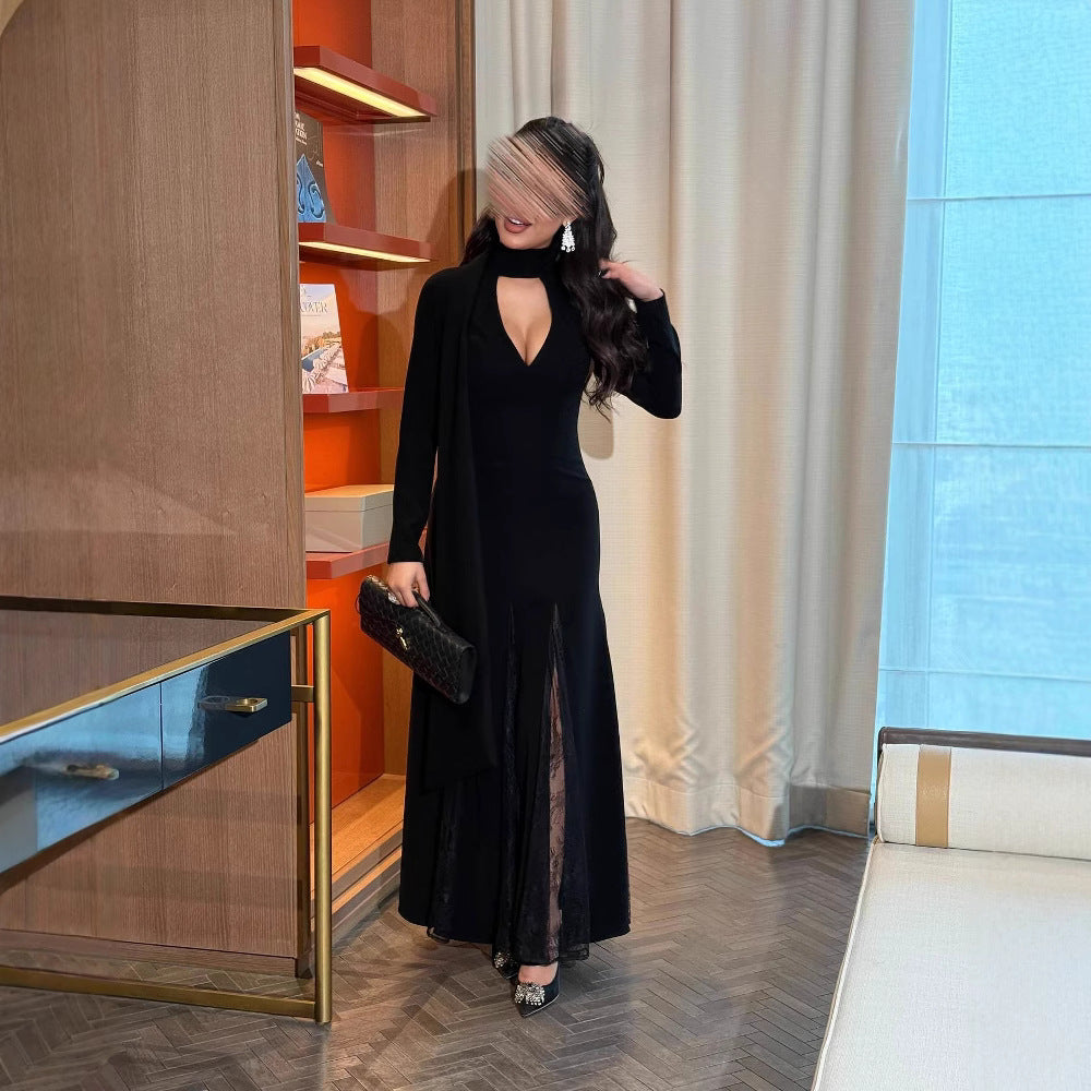 Women's Clothes Round Neck Stitching Lace Long Sleeve Dresses