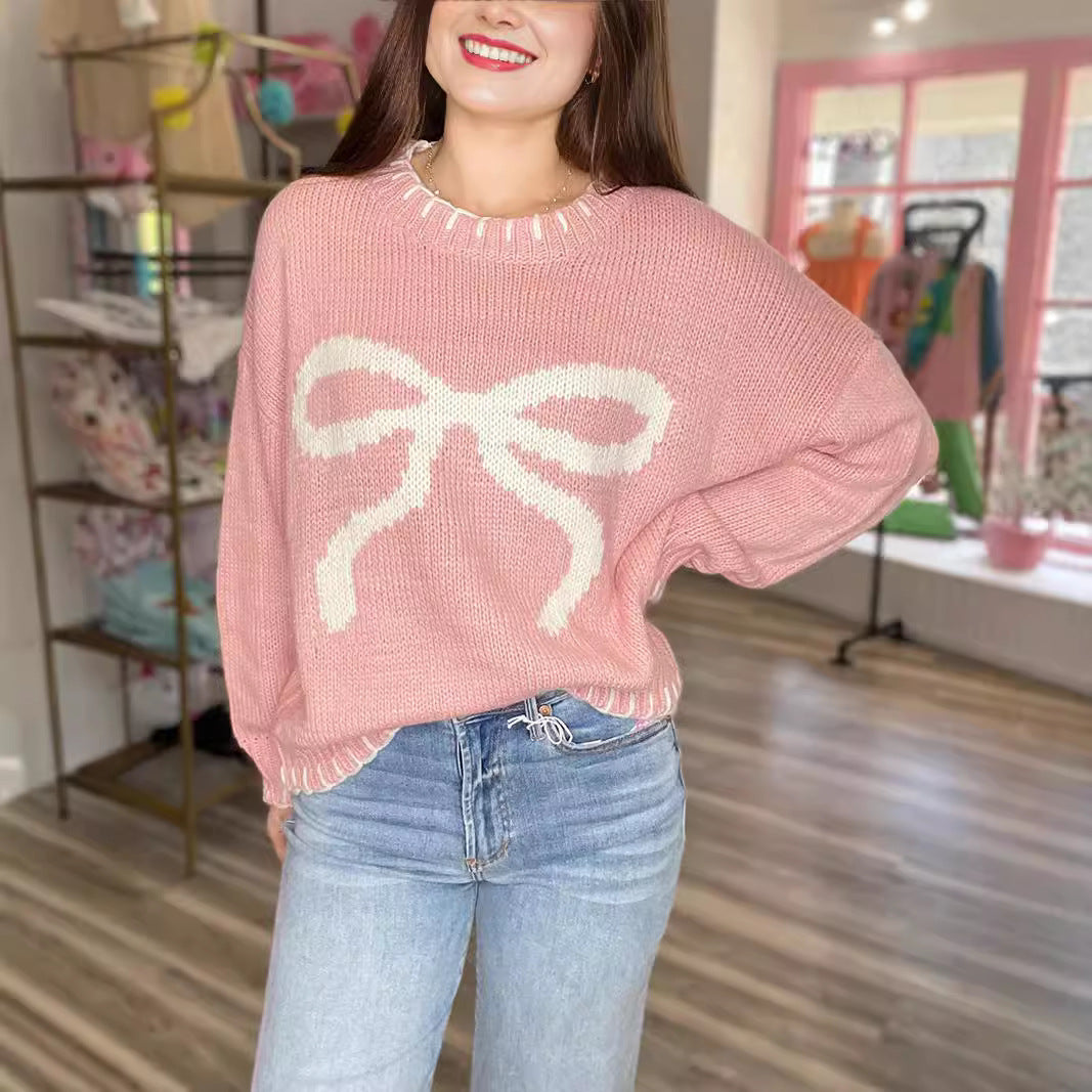 Women's Bow Brocade Idle Style Loose Warm Sweaters