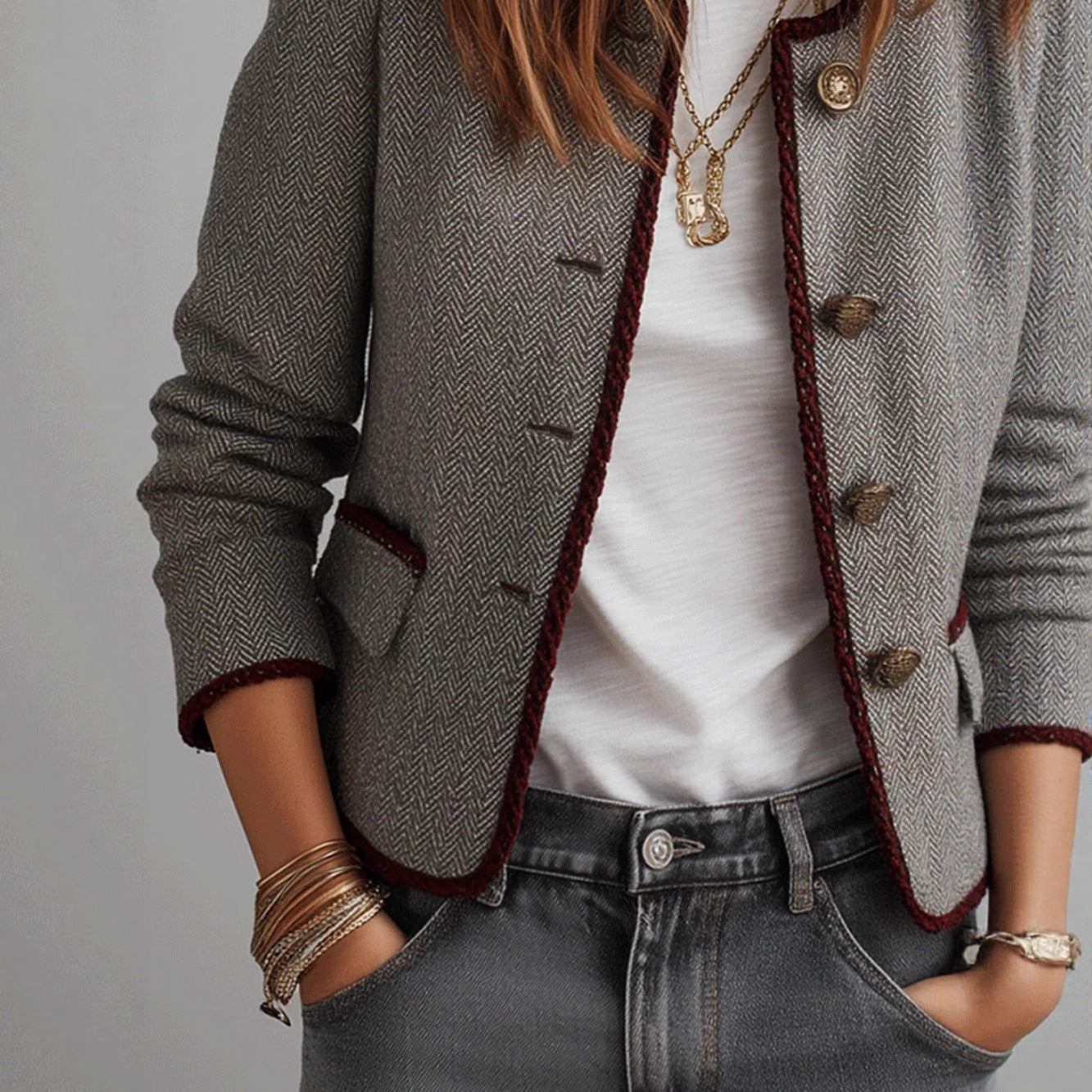 Women's Elegant Casual Herringbone Woolen Ribbon Jackets