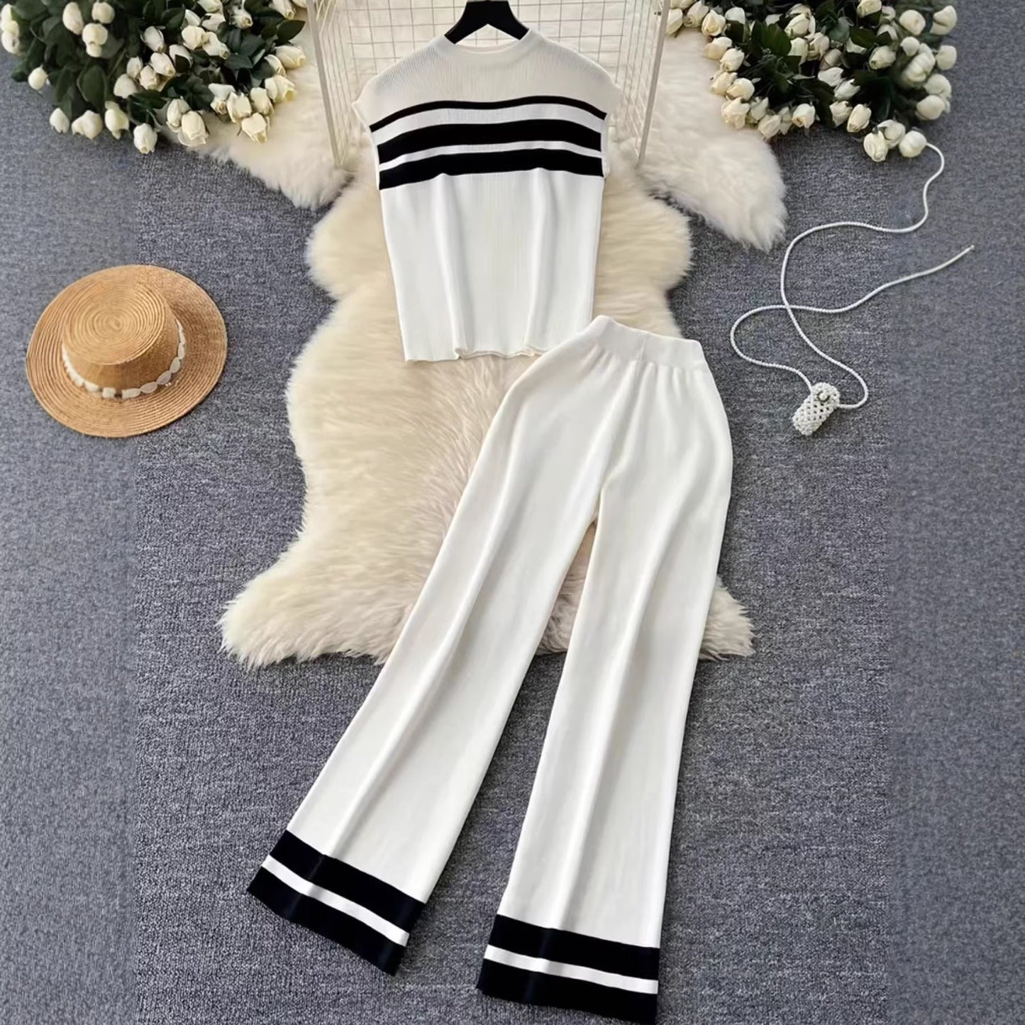 Women's Sleeveless Knitted Two-piece High Waist Straight Suits