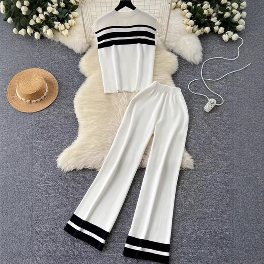 Women's Sleeveless Knitted Two-piece High Waist Straight Suits