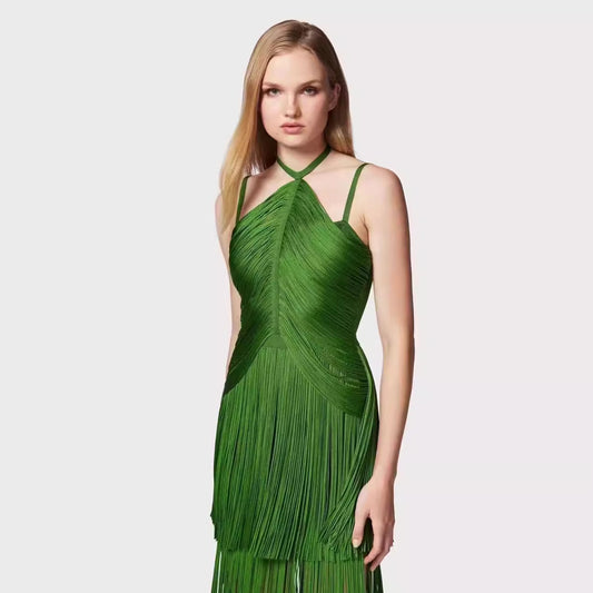 Green Tassel Sleeveless Waist Trimming Spaghetti Straps Dress Dresses