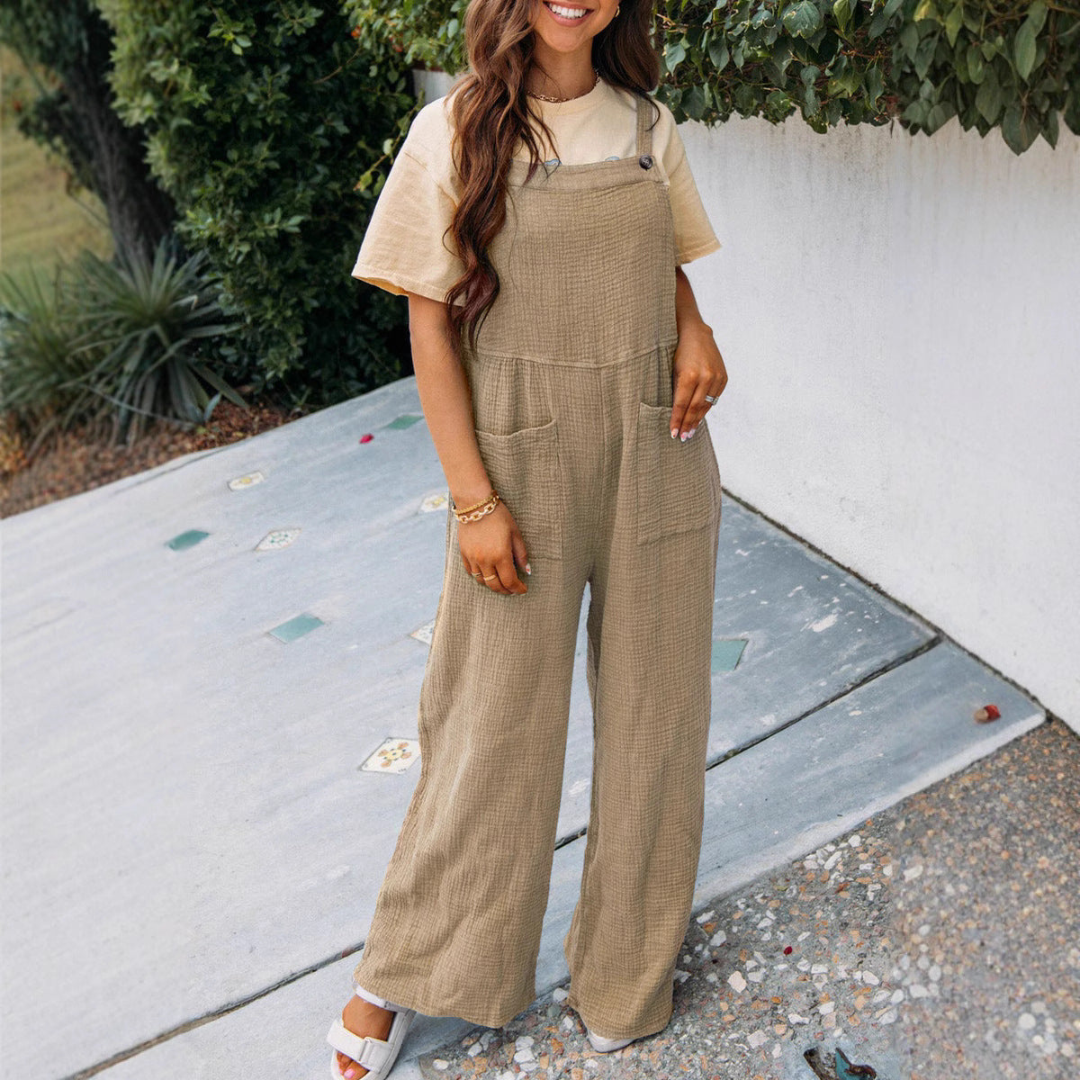 Women's Solid Color Pocket Square Collar Loose Women's Jumpsuit/clothing