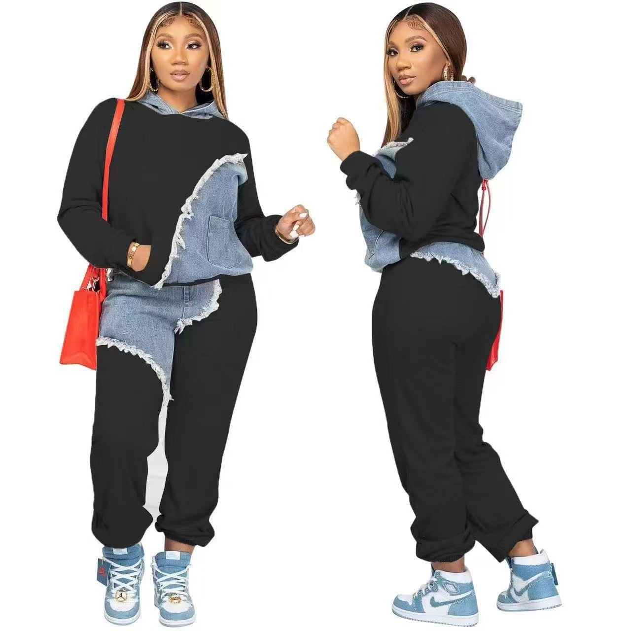Women's Sports Fashion Casual Denim Stitching Hooded Suits