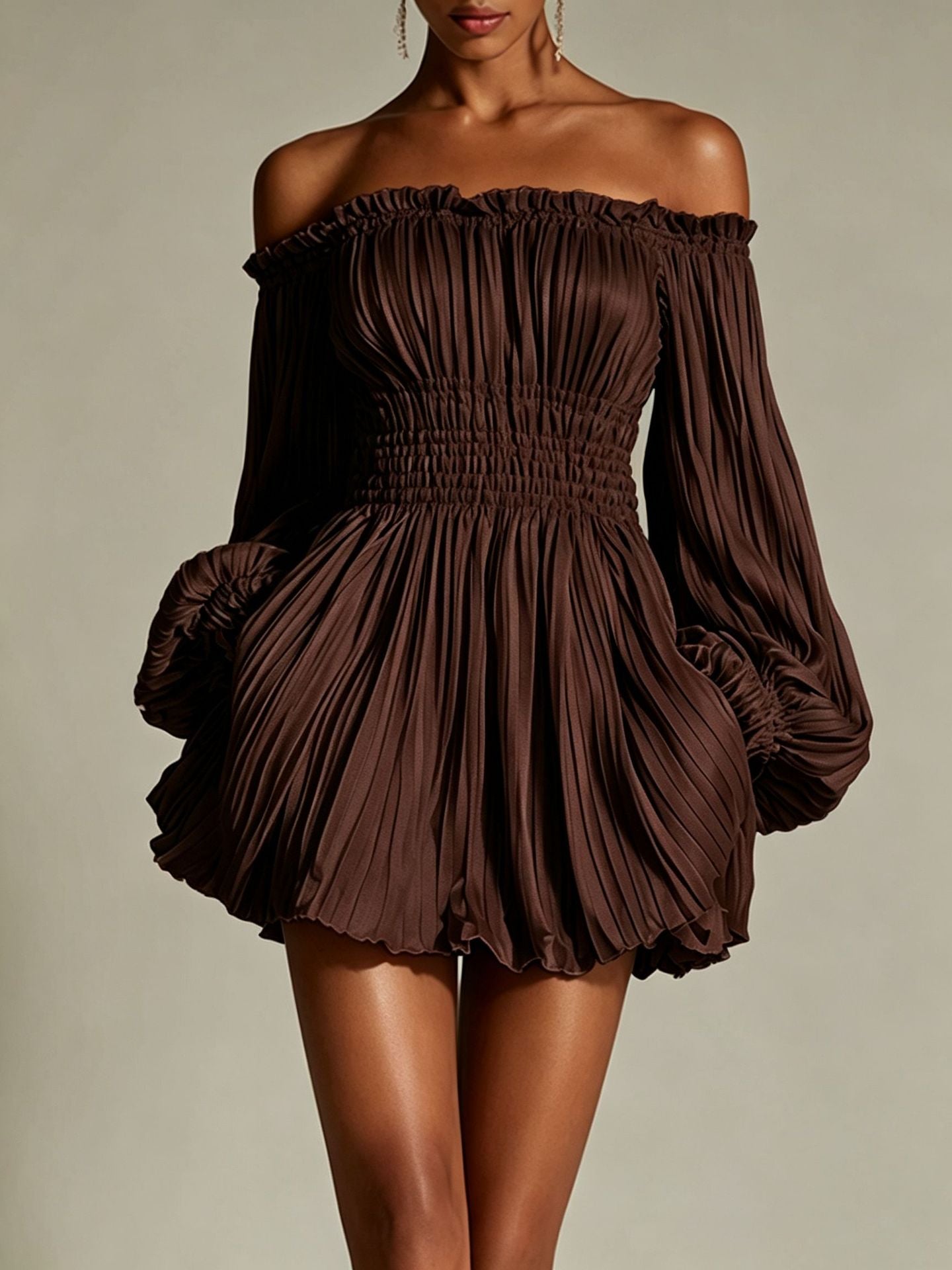 Unique Women's Pleated Slimming Long Sleeve Dress