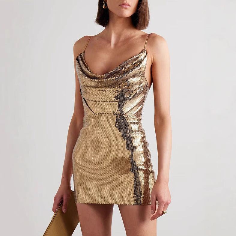 Sexy Hot Golden Strap Backless Little Dress Dresses