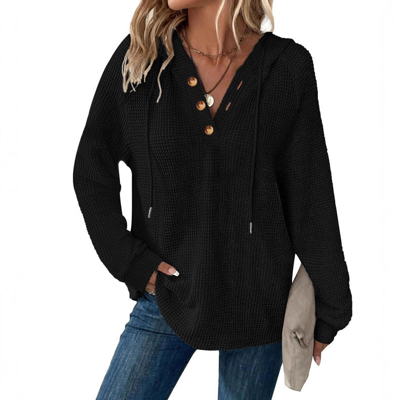 Women's Solid Color Waffle Hooded Button Loose Long Women's Sweater, Sweater