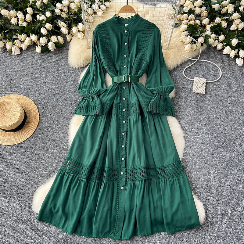Women's Dress Stand-up Collar Flared Sleeves Waist Single-breasted Dresses