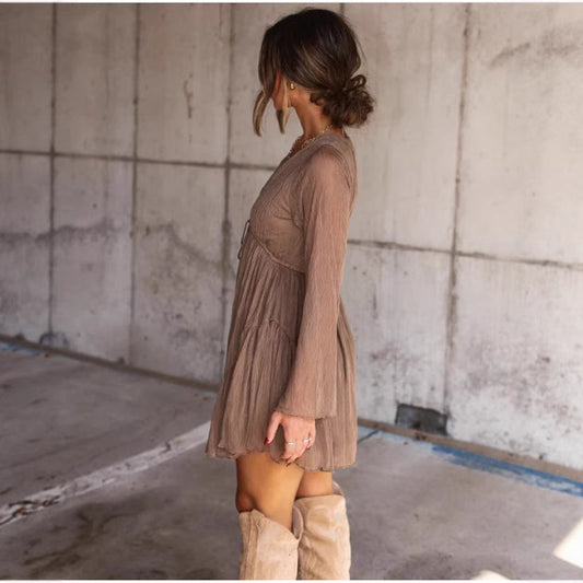 Women's Casual Round Neck Long Sleeve Stretch Dresses