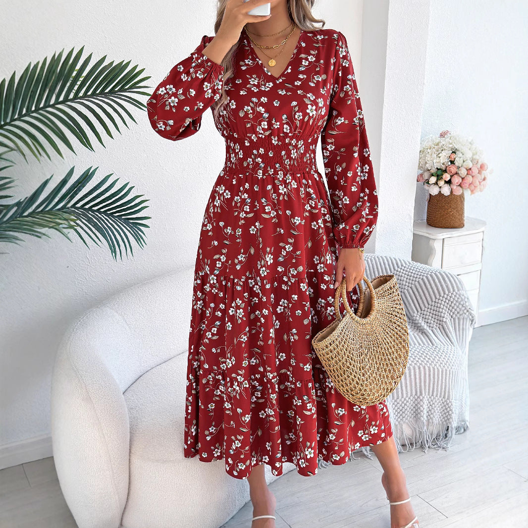 Women's Flowers Long Sleeve Waist Trimming Ruffles A- Line Dress