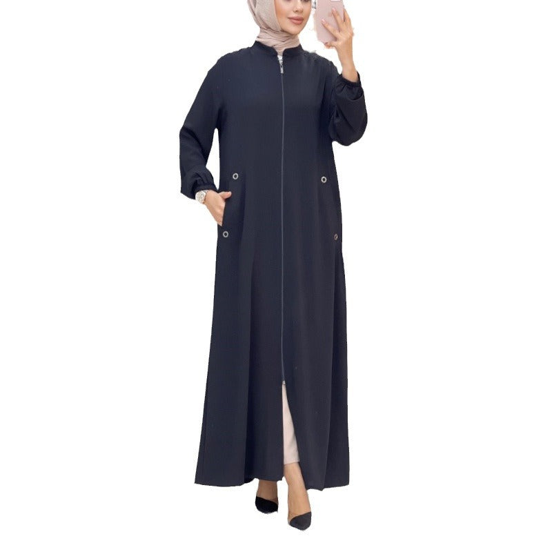 Women's Fashion Ladies Stand Collar Zipper Pocket Dresses